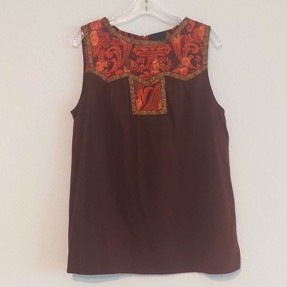 Anna Sui Brown Tunic with Red-Orange Patterned Yoke